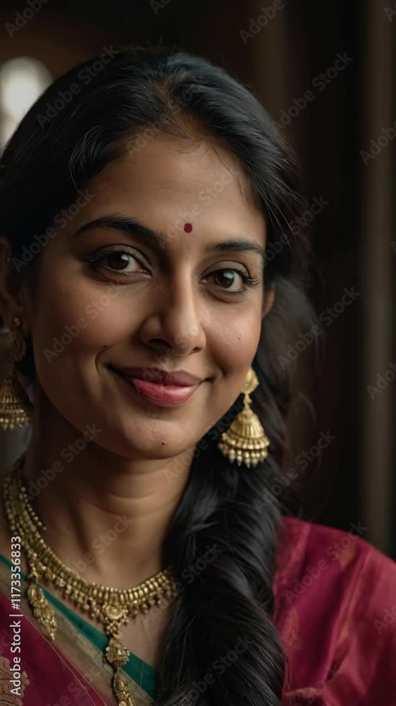 A South Asian Woman in Red Saree with Gold Jewelry and Braided Hair A South Asian Woman in Red Saree with Gold Jewelry and Braided Hair