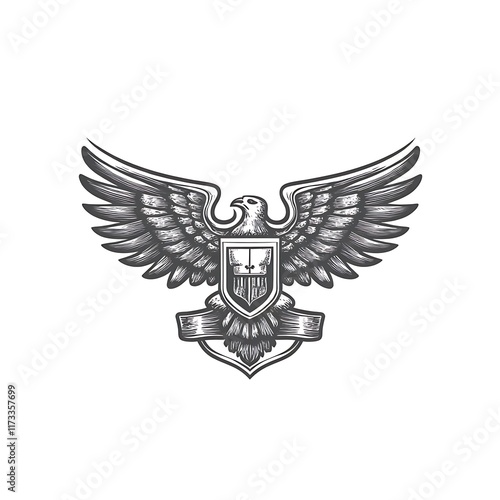 Gray eagle emblem with crest, spread wings, banner. photo