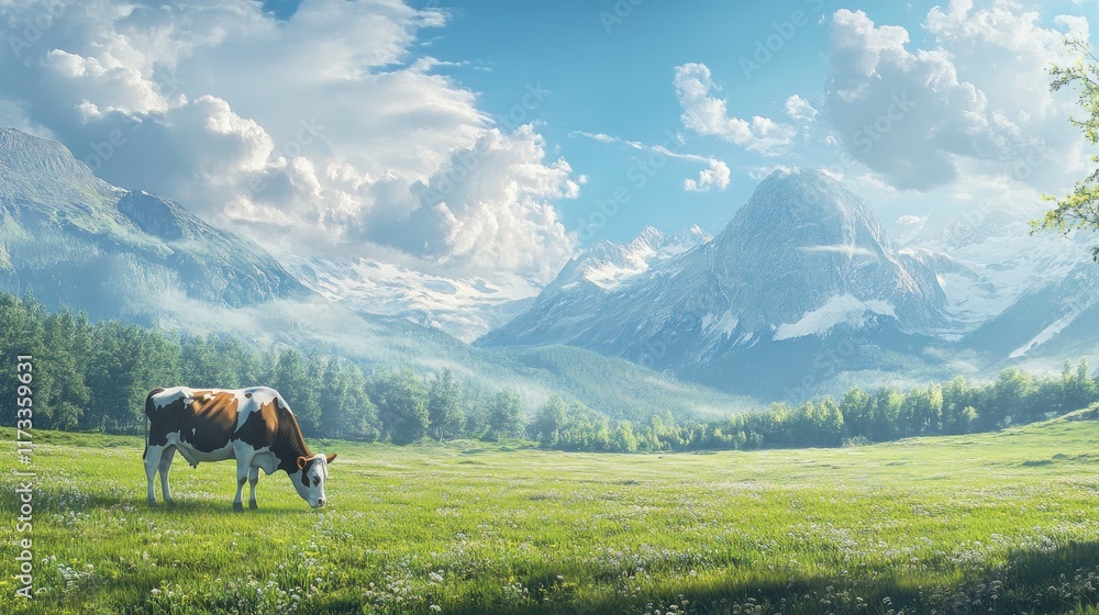 Obraz premium A peaceful moment of a cow grazing in a lush green field, framed by majestic mountains and bathed in a brilliant sunny sky, showcasing rural beauty