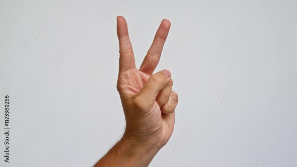 Hand gesture by man showing victory sign against plain background. Hand gesture by man showing victory sign against plain background.