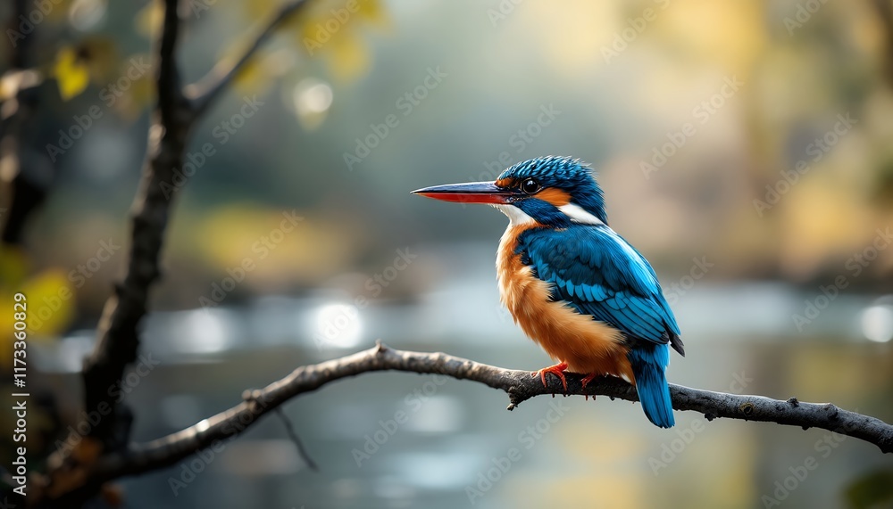 Vibrant Kingfisher Perched on a Branch Near a Tranquil Lake Vibrant Kingfisher Perched on a Branch Near a Tranquil Lake
