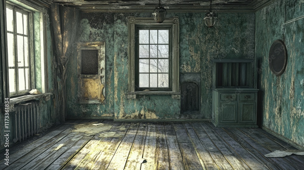 A room in severe disrepair with cracked, peeling walls and worn floors, conveying a sense of abandonment and neglect, ideal for decay and urban exploration themes A room in severe disrepair with cracked, peeling walls and worn floors, conveying a sense of abandonment and neglect, ideal for decay and urban exploration themes