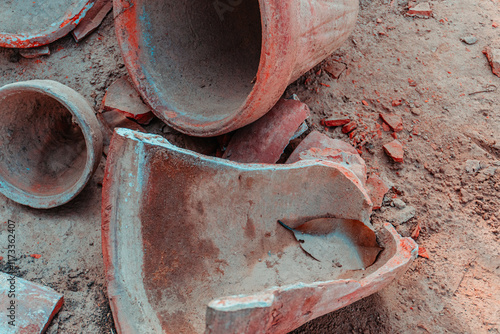 Vibrant Red Pots Resting on the Ground photo