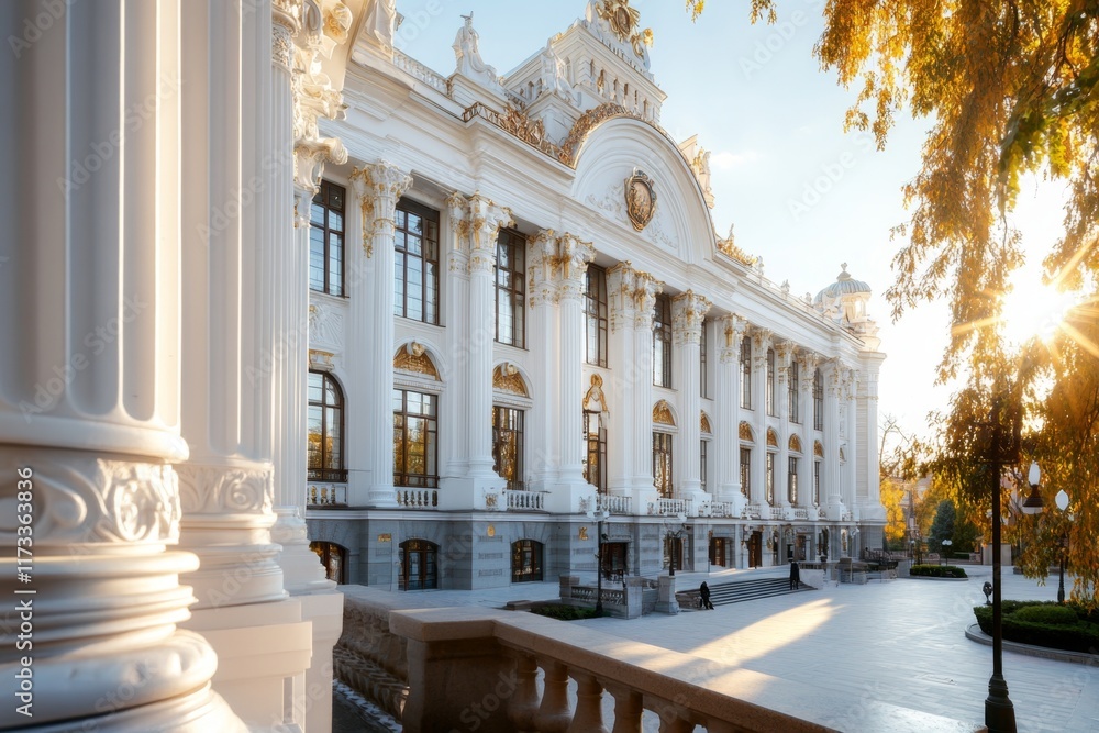 Obraz premium A sunny day outside the Kremlin Senate building, with its neoclassical columns and vibrant greenery