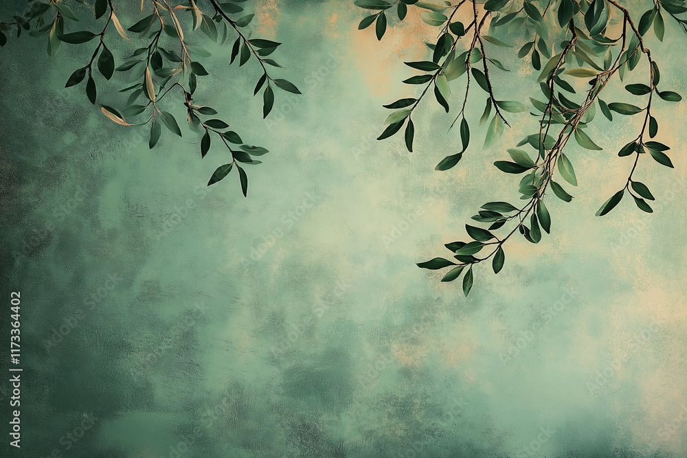 Tree leaves on a grunge texture background, wallpaper for interiors. Vintage green wallpaper for classical design interior design or oriental design Tree leaves on a grunge texture background, wallpaper for interiors. Vintage green wallpaper for classical design interior design or oriental design
