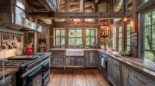 Wallpaper Mural Rustic kitchen with wooden accents and large windows, inviting natural light and nature views. Torontodigital.ca