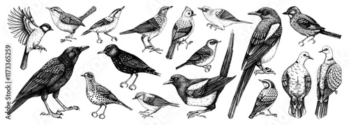 Vector collection of hand-drawn bird illustrations in engraved style. Backyard songbirds isolated on vinatge background. Detailed wildlife drawings, NOT AI generated