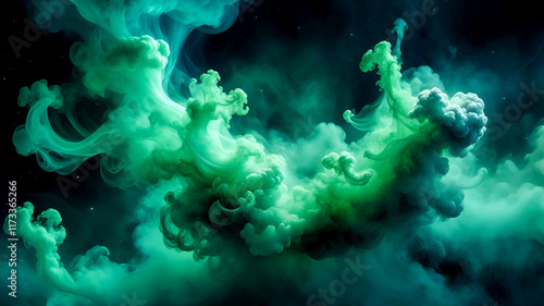 Ethereal green smoke, swirling mist, abstract nebula, cosmic clouds, deep teal background, atmospheric haze, mysterious abyss, dreamlike vapor, underwater atmosphere, surreal fog, wispy tendrils