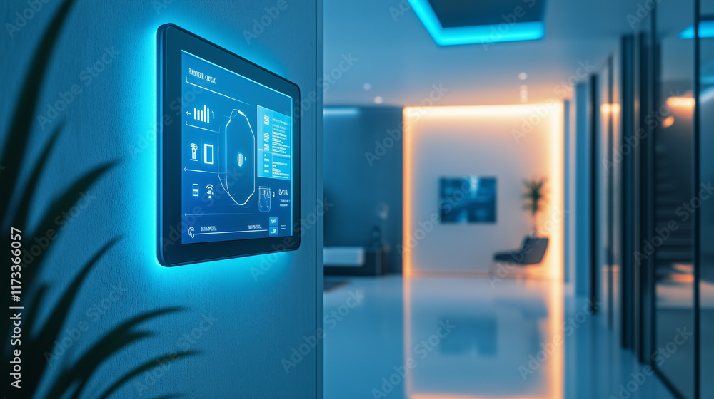 A central smart hub displayed on a sleek wall panel, controlling lighting, temperature, and security A central smart hub displayed on a sleek wall panel, controlling lighting, temperature, and security