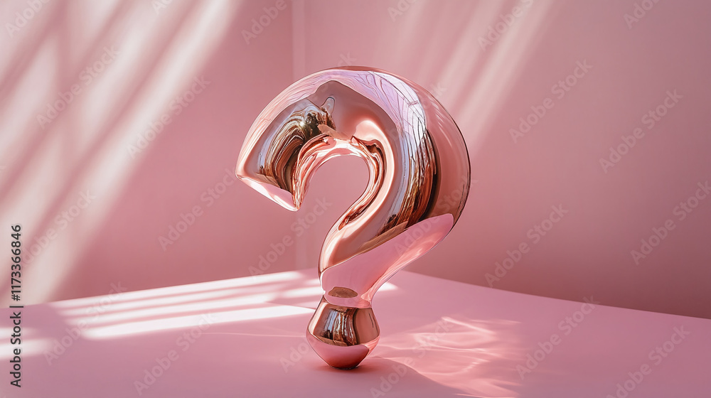 Reflective rose gold large question mark sculpture on soft pink background with sunlight Reflective rose gold large question mark sculpture on soft pink background with sunlight