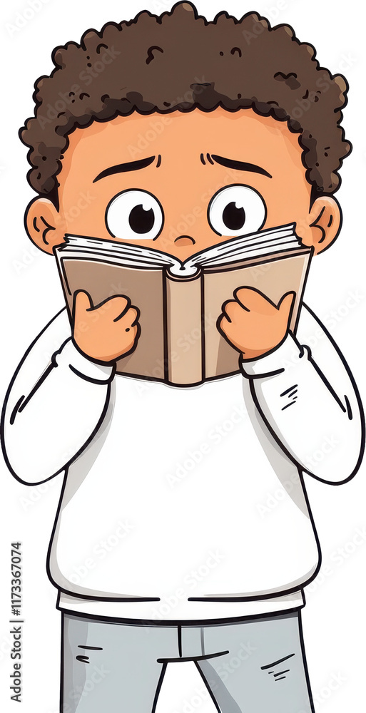 cartoon illustration of child reading book with curiosity and surprise