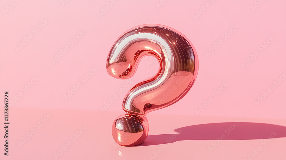 Obraz premium Rose gold large question mark sculpture on soft pink background with natural light and shadows