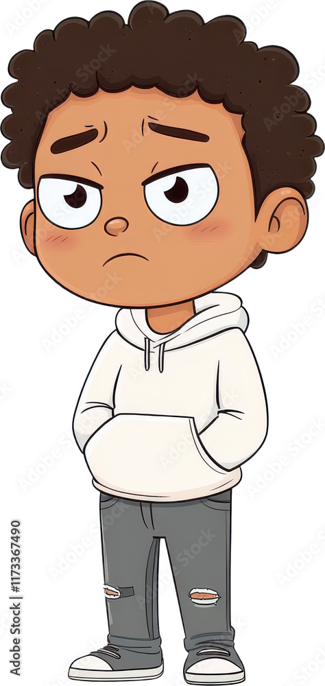 cartoon illustration of person looking down with serious expression, wearing hoodie and jeans cartoon illustration of person looking down with serious expression, wearing hoodie and jeans