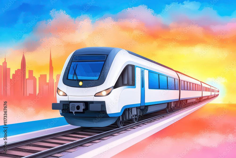 Fototapeta premium modern train traveling on tracks with vibrant sunset backdrop