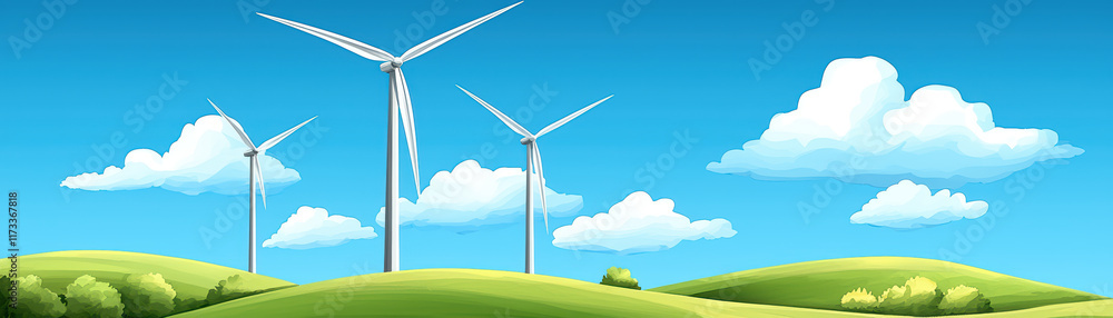 Wind turbines on green hills under bright blue sky with fluffy clouds Wind turbines on green hills under bright blue sky with fluffy clouds
