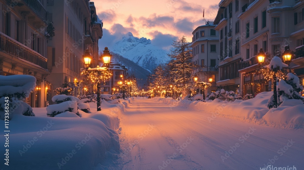 A tranquil winter evening in Saint Moritz with snow-covered streets and warm yellow streetlights glowing against the dusk sky, inviting a cozy, festive atmosphere A tranquil winter evening in Saint Moritz with snow-covered streets and warm yellow streetlights glowing against the dusk sky, inviting a cozy, festive atmosphere