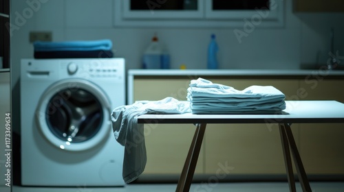 A white table with neatly folded laundry, set against the backdrop of a washing machine, evoking a domestic and organized household environment