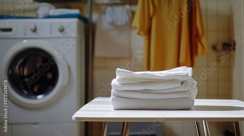 A white table with neatly folded laundry, set against the backdrop of a washing machine, evoking a domestic and organized household environment