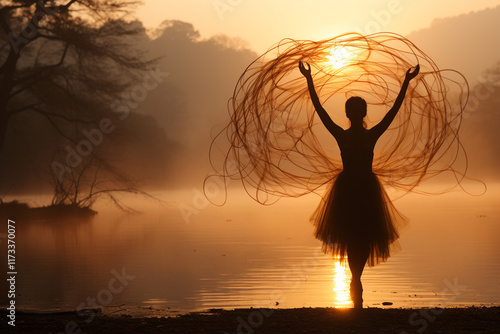 As golden orb of sun gently kissed edge of horizon, casting a warm glow upon tranquil lake, wisps of ethereal mist gracefully danced upwards, enveloping surroundings in a serene and introspective atmo photo