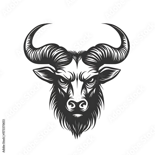 Wildebeest head, dark graphic illustration, prominent horns, serious expression. photo