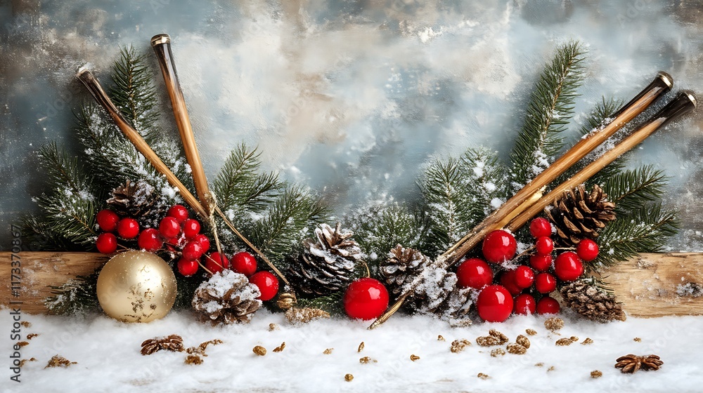 Festive Winter Scene With Ski Poles and Ornaments