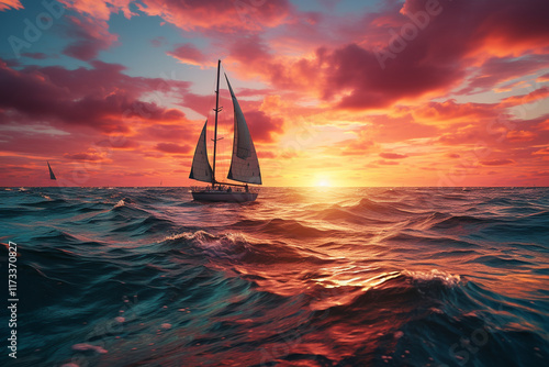 At this magical hour, captivating blend of open ocean and sunset showcases a vibrant array of colors, serene waves, and timeless charm of maritime world photo