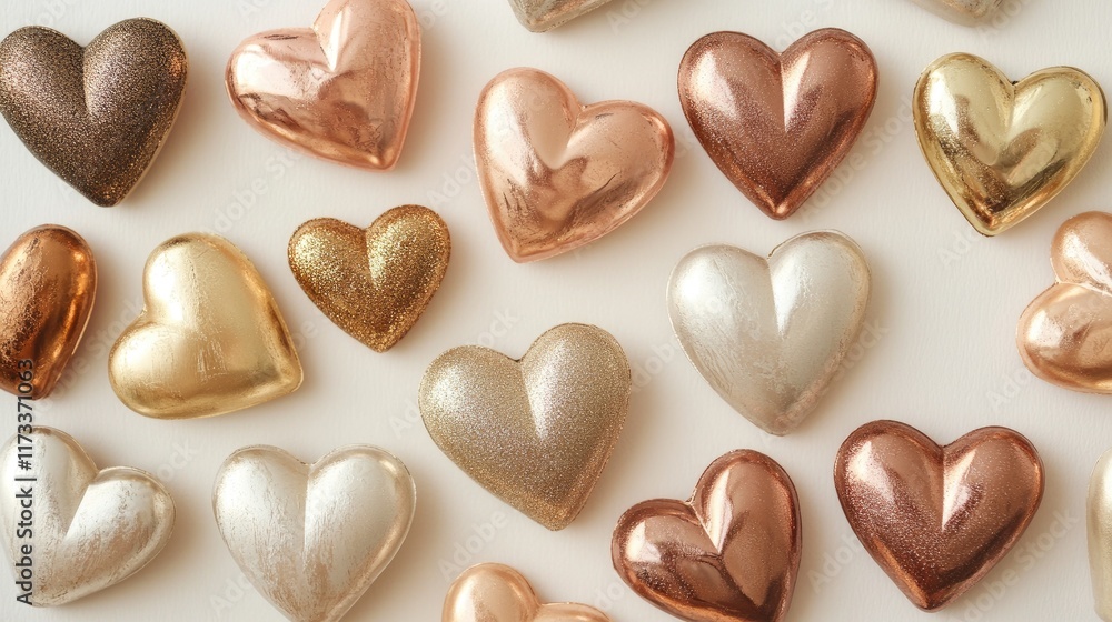 Obraz premium An elegant array of heart-shaped decorations in gold and rose gold, beautifully arranged on a soft neutral background, exuding luxury, love, and romance