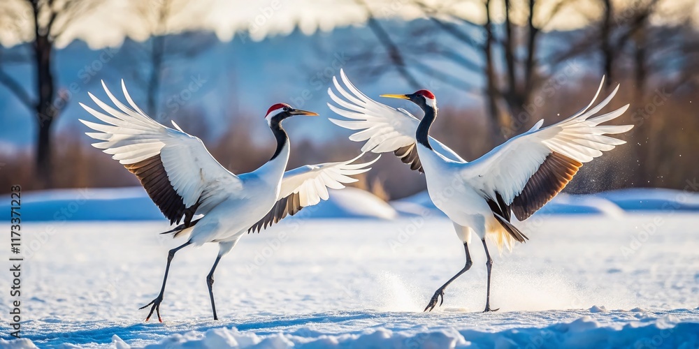 Obraz premium Majestic Japanese Cranes Dancing on Hokkaido Snow - Tsurui, Japan