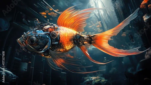 Surreal Bio-Mechanical Goldfish: Intricate Design Against a Dark, Atmospheric Backdrop