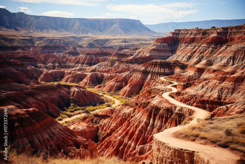 Badlands are transformed into a serene and enchanting place as full moon casts a mystical glow on silhouetted canyons, creating a tranquil atmosphere photo