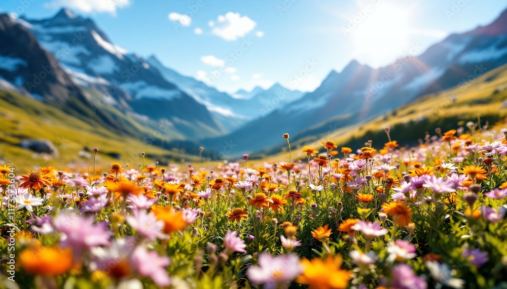 Fototapeta premium Alpine Meadow in Bloom: A Vibrant Tapestry of Wildflowers Against a Majestic Mountain backdrop