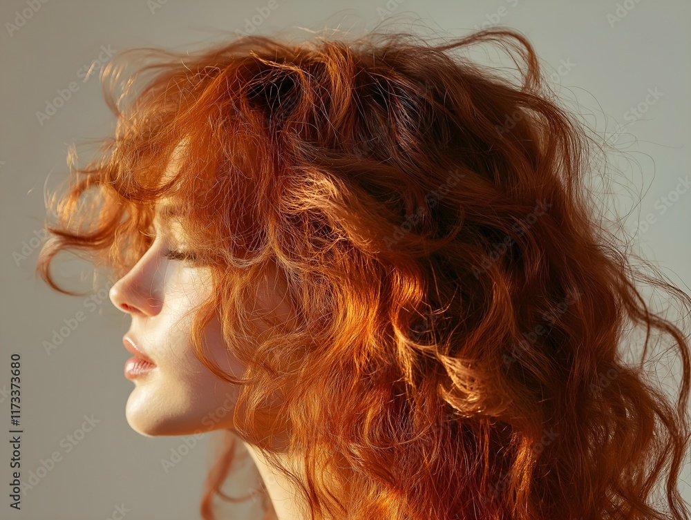 profile of a woman with flowing, fiery red curly hair profile of a woman with flowing, fiery red curly hair
