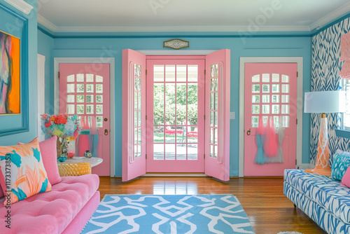 Brightly Colored Living Room with Pastel Furniture and a Vibrant Atmosphere