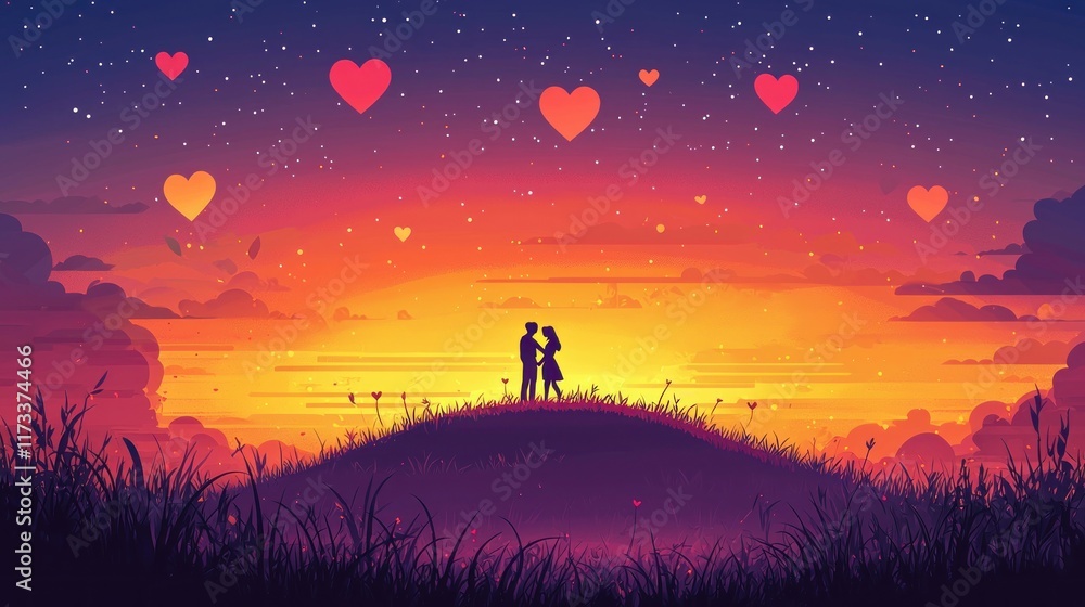 Fototapeta premium Romantic Silhouette of a Couple Embracing at Sunset with Colorful Hearts Floating in the Starry Sky Above a Gentle Hill in a Dreamy Landscape