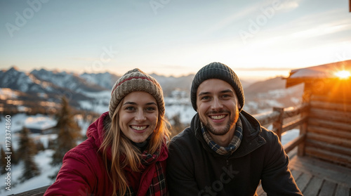 Young couple enjoying stunning sunset view from wooden viewpoint in snowy mountain landscape