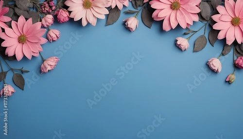 Blue background with flowers on the edges in pink but with some shades going from dark to lighter;