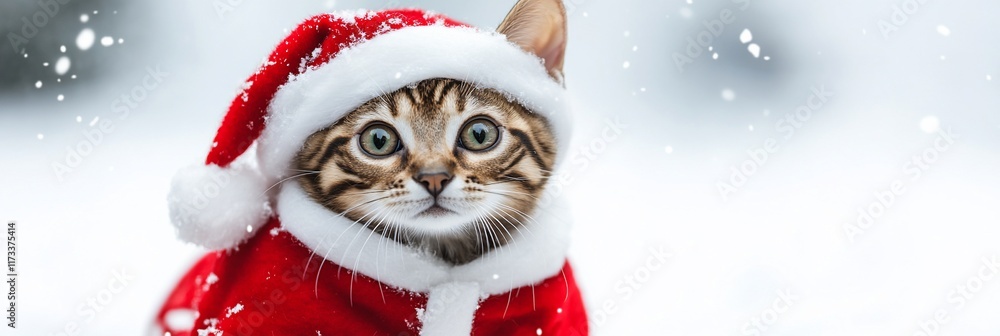 Adorable tabby kitten wearing a Santa hat and coat in snowy winter scene. Adorable tabby kitten wearing a Santa hat and coat in snowy winter scene.