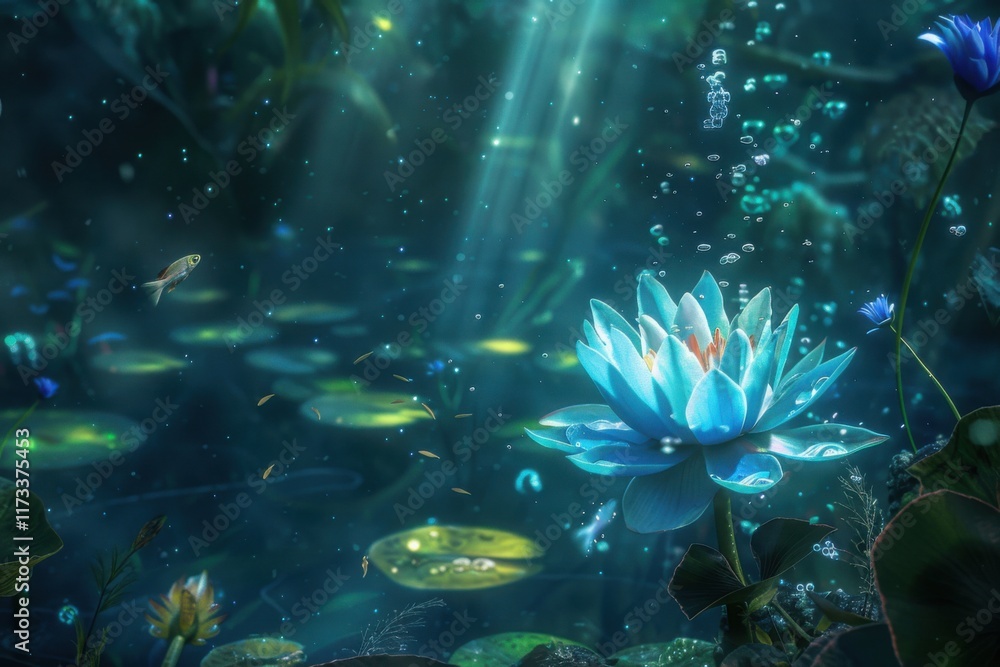 Fototapeta premium Enchanted Underwater Kingdom: A Serene Blue Water Lily Blooms Amongst Fish and Bubbles