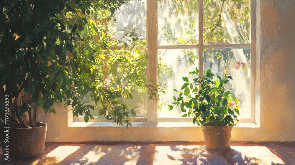 Bask in the gentle glow of sunlight streaming through a window, illuminating lush greenery in a tranquil setting. Perfect for adding a touch of nature serenity to your space. Generated AI. Bask in the gentle glow of sunlight streaming through a window, illuminating lush greenery in a tranquil setting. Perfect for adding a touch of nature serenity to your space. Generated AI.