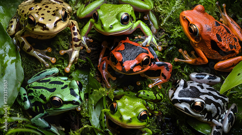 A Close-Up View of Unique Rainforest Frogs and Their Stunning Skin Patterns Surrounded by Lush Greenery photo