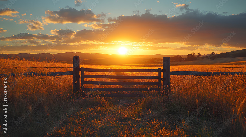 A poetic photography of an open field with an old wooden gate leading nowhere, surrounded by soft golden grass and the gentle glow of a setting sun. A poetic photography of an open field with an old wooden gate leading nowhere, surrounded by soft golden grass and the gentle glow of a setting sun.