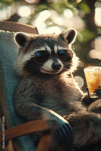 A raccoon naps on a sunbed near the pool, with palm trees and a clear blue sky in the background. Adorning sunglasses, the raccoon sips a yellow beverage from its paws, capturing the essence of photo