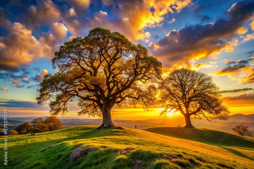 Fototapeta premium Majestic Oak Tree Silhouettes at Sunset: Dramatic Elevation Line Landscape