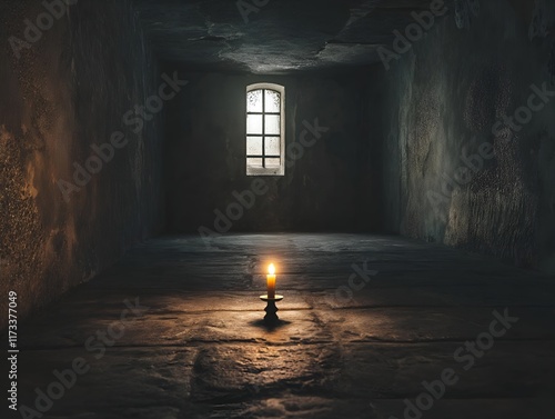 single candle illuminates a dark room with a barred window photo