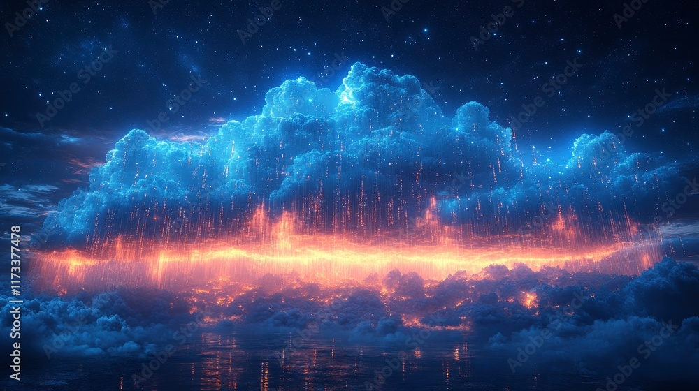 Digital weather system with storm clouds made of data Digital weather system with storm clouds made of data