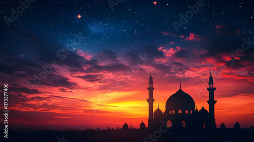 A stunning silhouette of a mosque against a vibrant sunset, showcasing the beauty of architecture and nature. photo