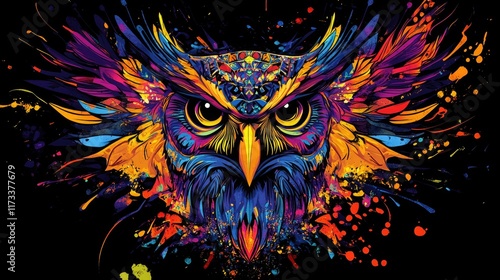 Detailed Owl Head Illustration: Bold Colors and Abstract Paint Splashes on Black photo