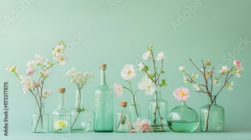 Pastel floral decor featuring transparent glass bottles with subtle blooms, placed against a soothing mint green background, offering a calming, serene look