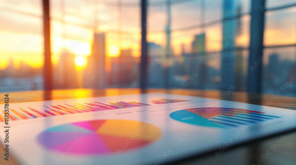 Colorful charts and graphs on a table against a blurry city sunset backdrop. Colorful charts and graphs on a table against a blurry city sunset backdrop.