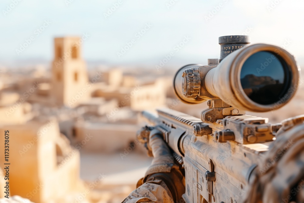 A tactical scene featuring a khaki machine gun mounted on a vehicle, with a desert town in the background A tactical scene featuring a khaki machine gun mounted on a vehicle, with a desert town in the background